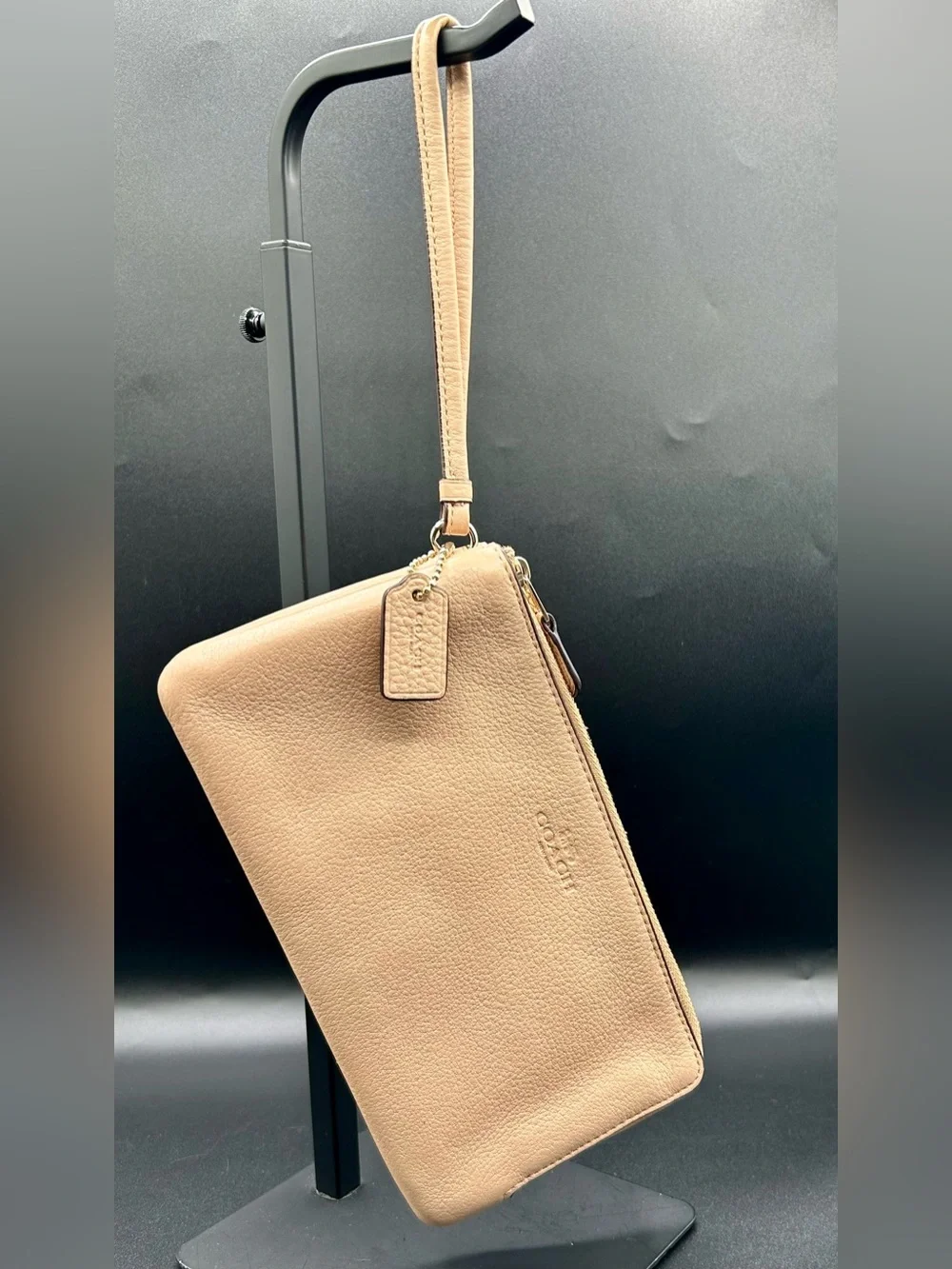 COACH Pebble Leather Double - Zip Wristlet in a neutral tan - Gold-Tone Hardware
